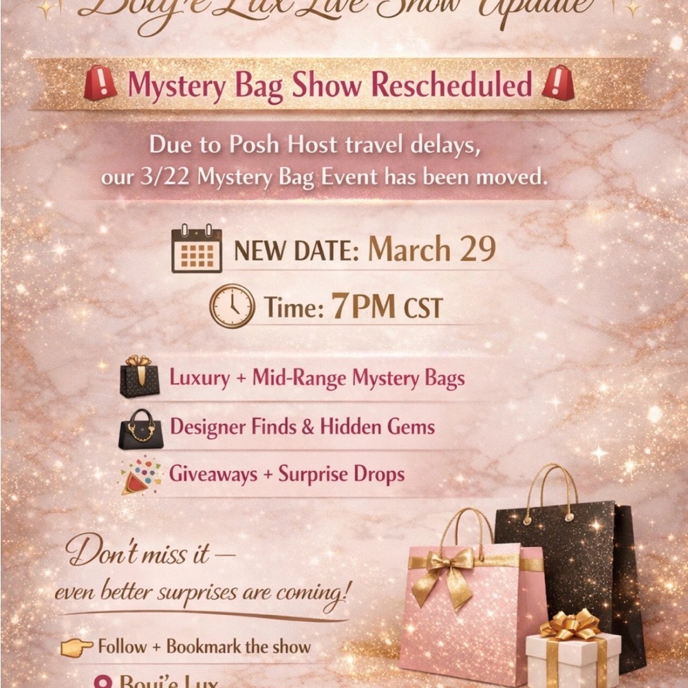 Mystery Bag Giveaway rescheduled to 3/29 @ 7pm cst.Must be present to win.